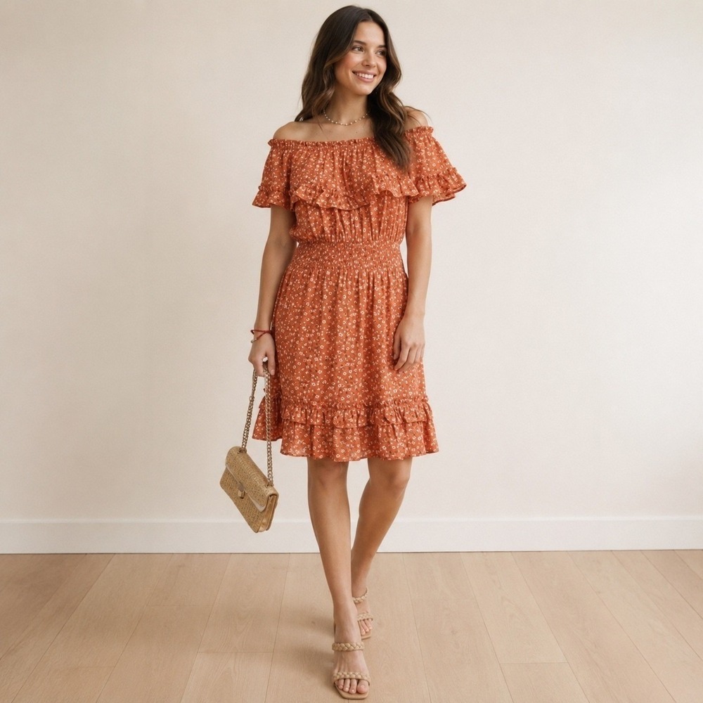 Kori America Orange Ditsy Floral Smocked Off The Shoulder Mini Dress Size Med